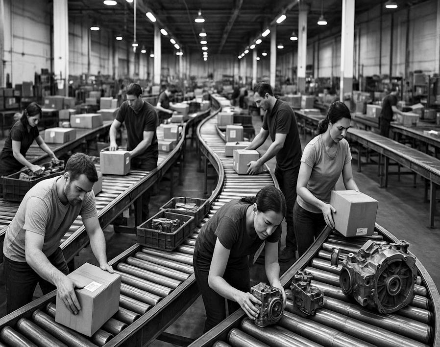 Moderne Zeiten/Fließband Arbeiter/2025/Digital Collage mit GPT/40x40cm/Fine Art Druck/ Ex. e.A. | Klaus Fabricius  Artist Künstler Information