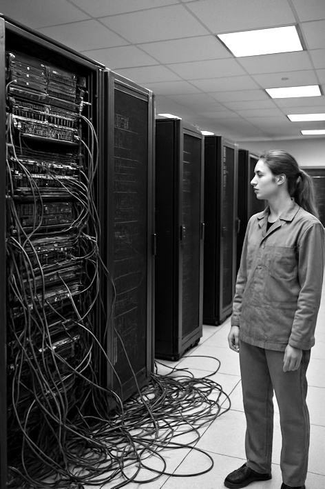 Moderne Zeiten/IT Raum/2025/Digital Collage mit GPT/40x40cm/Fine Art Druck/ Ex. e.A. | Klaus Fabricius  Artist Künstler Information