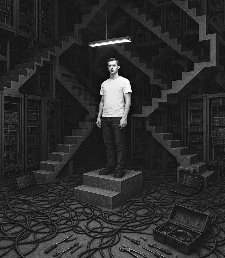 Moderne Zeiten/Rechenzentrum/2025/Digital Collage mit GPT/40x40cm/Fine Art Druck/ Ex. e.A. | Klaus Fabricius  Artist Künstler Information