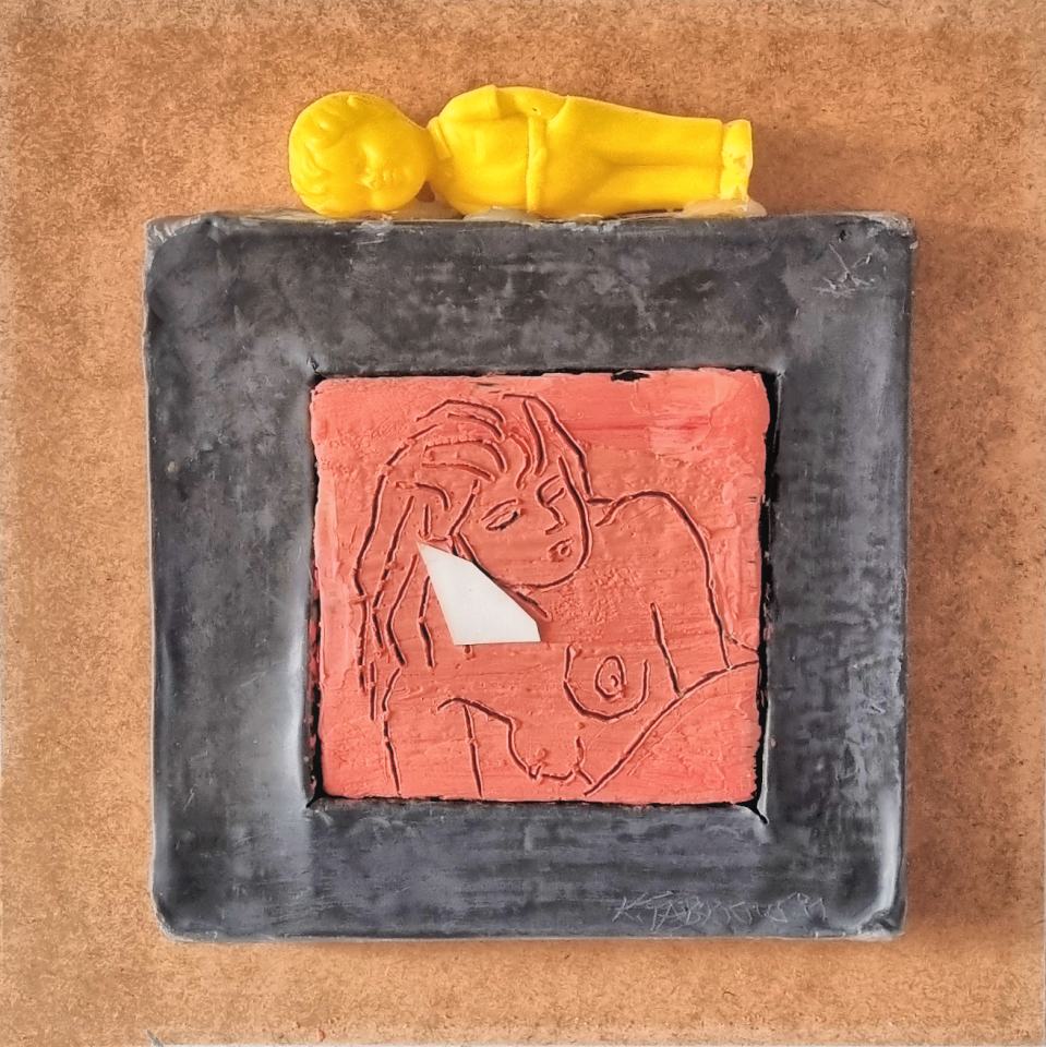 Träumer1991/Ritz-Zeichnung in gefärbtes Wachs auf Holz, Papier/Farbe/Blei gefasst 25x2534x35x2,5cm | Klaus Fabricius  Artist Künstler Information